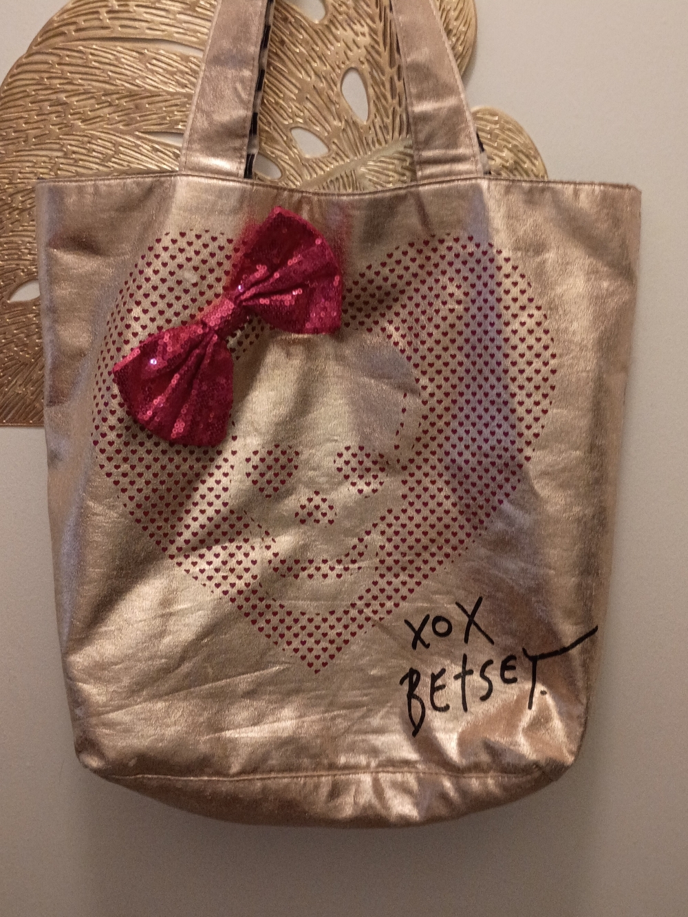 Betsey Johnson Metallic Skull Sequin Bow Tote Bag